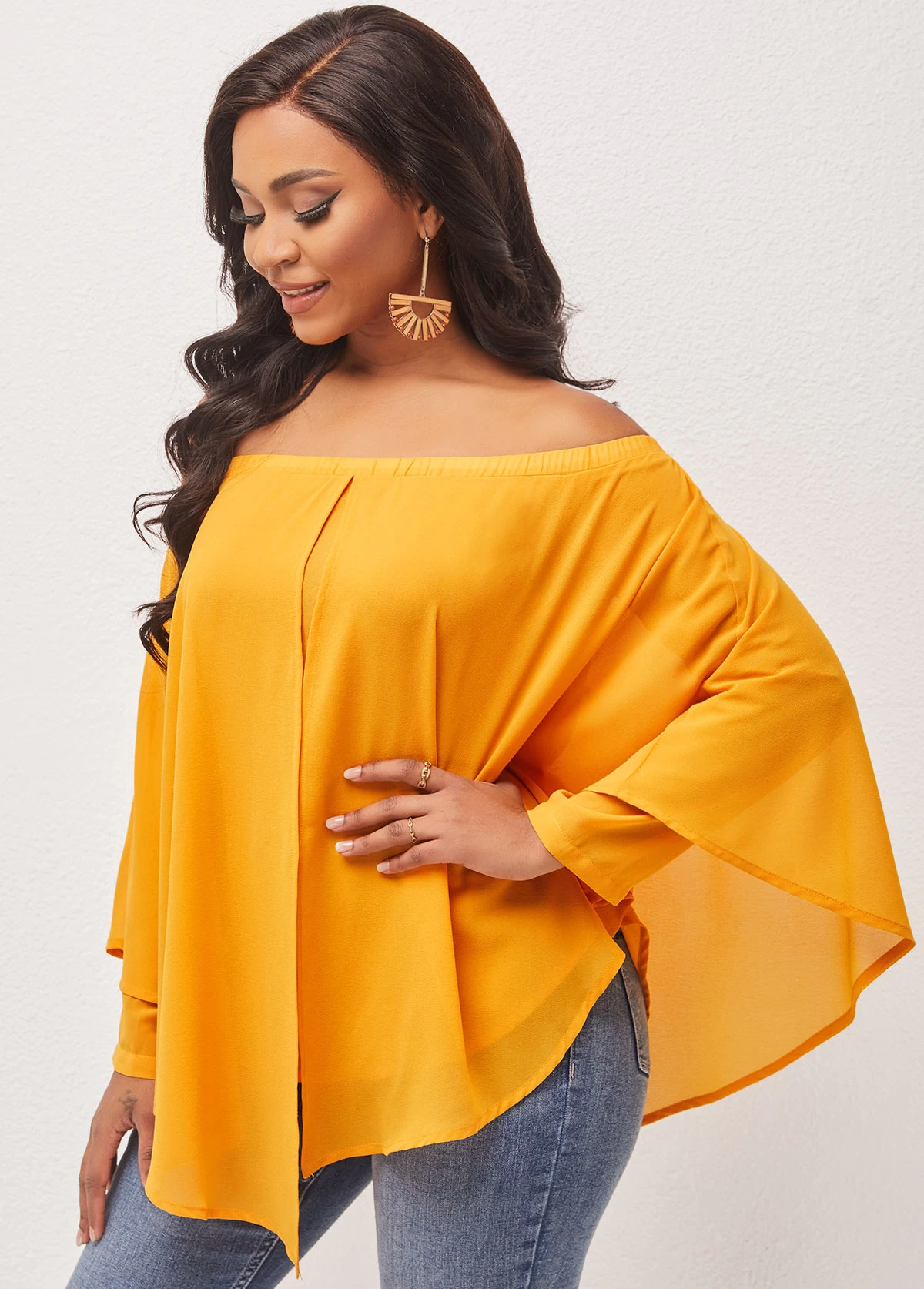 Off Shoulder Layered Asymmetric Hem Ginger Blouse - Image 3