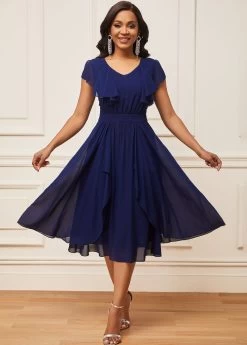Chiffon Navy Blue Short Sleeve V Neck Dress