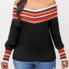 Stripe Off Shoulder Black Long Sleeve Blouse
