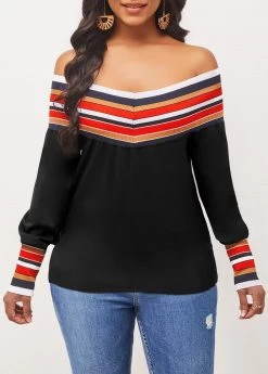 Stripe Off Shoulder Black Long Sleeve Blouse