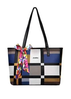 Ribbon Detail Color Block Plaid Tote Bag