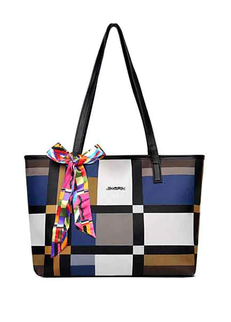 Ribbon Detail Color Block Plaid Tote Bag