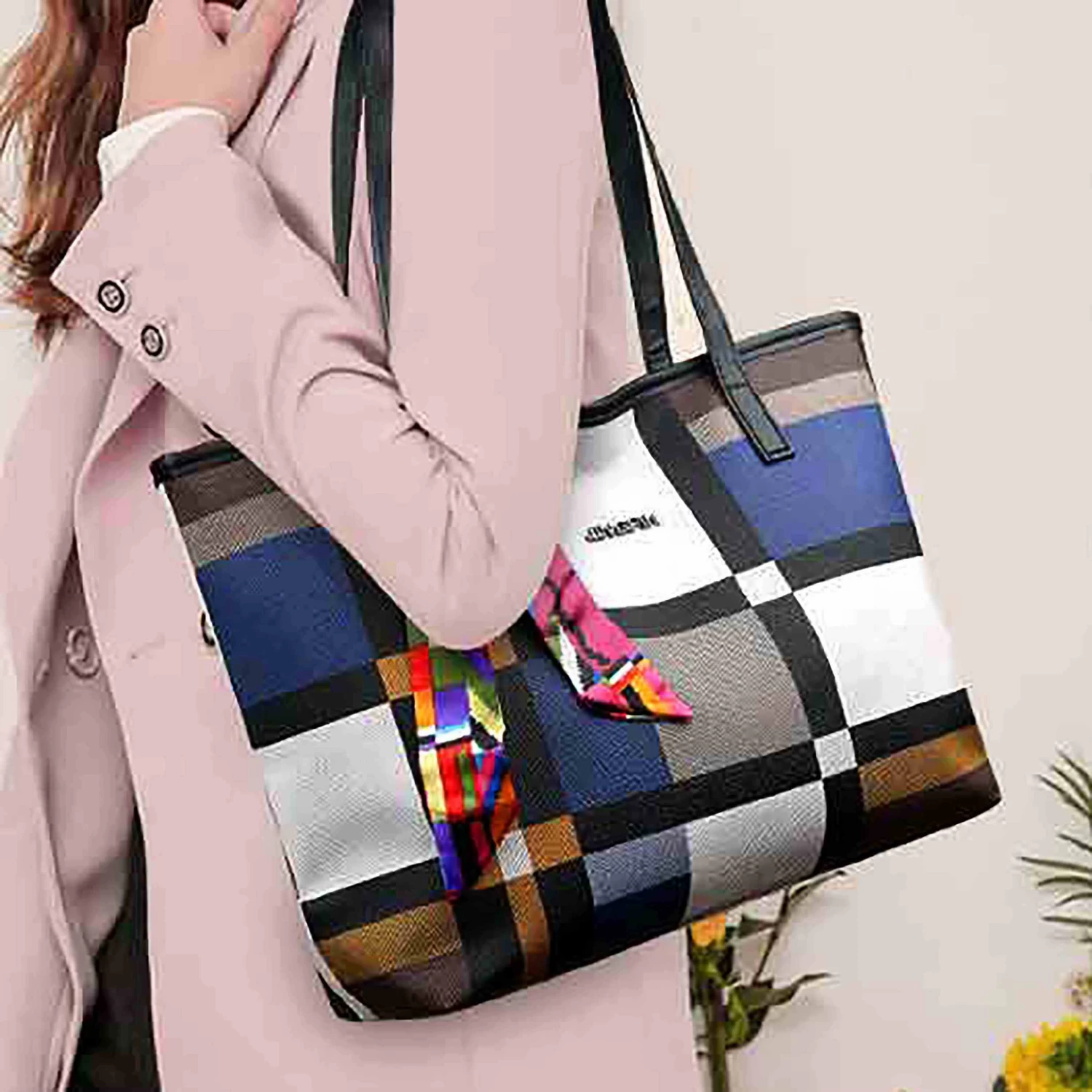 Ribbon Detail Color Block Plaid Tote Bag - Image 2