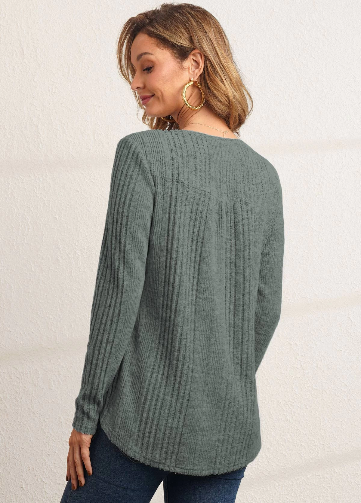 Sage Green Button Detail Textile Fabric T Shirt - Image 2