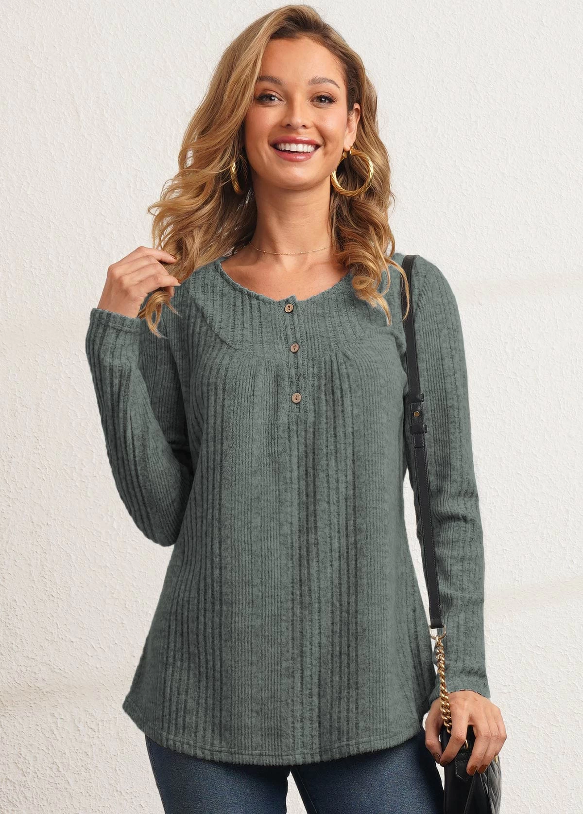 Sage Green Button Detail Textile Fabric T Shirt - Image 6