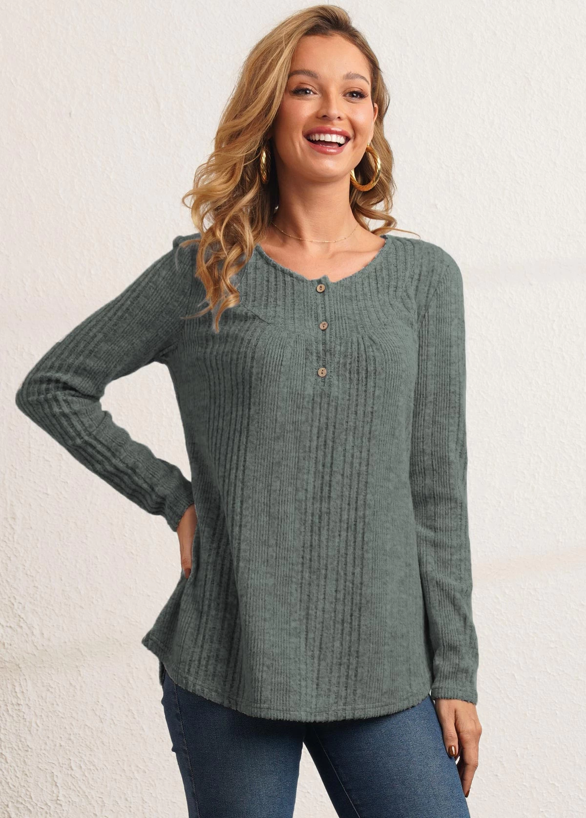 Sage Green Button Detail Textile Fabric T Shirt - Image 4