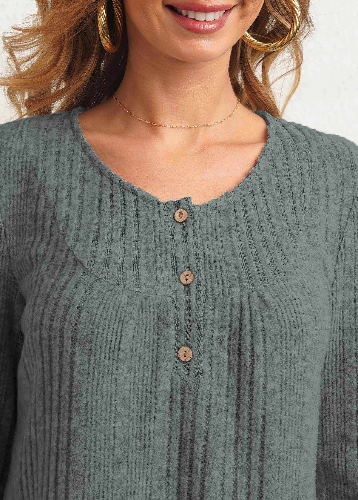 Sage Green Button Detail Textile Fabric T Shirt - Image 5