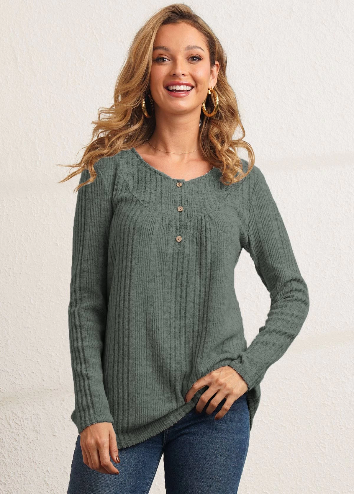 Sage Green Button Detail Textile Fabric T Shirt - Image 3