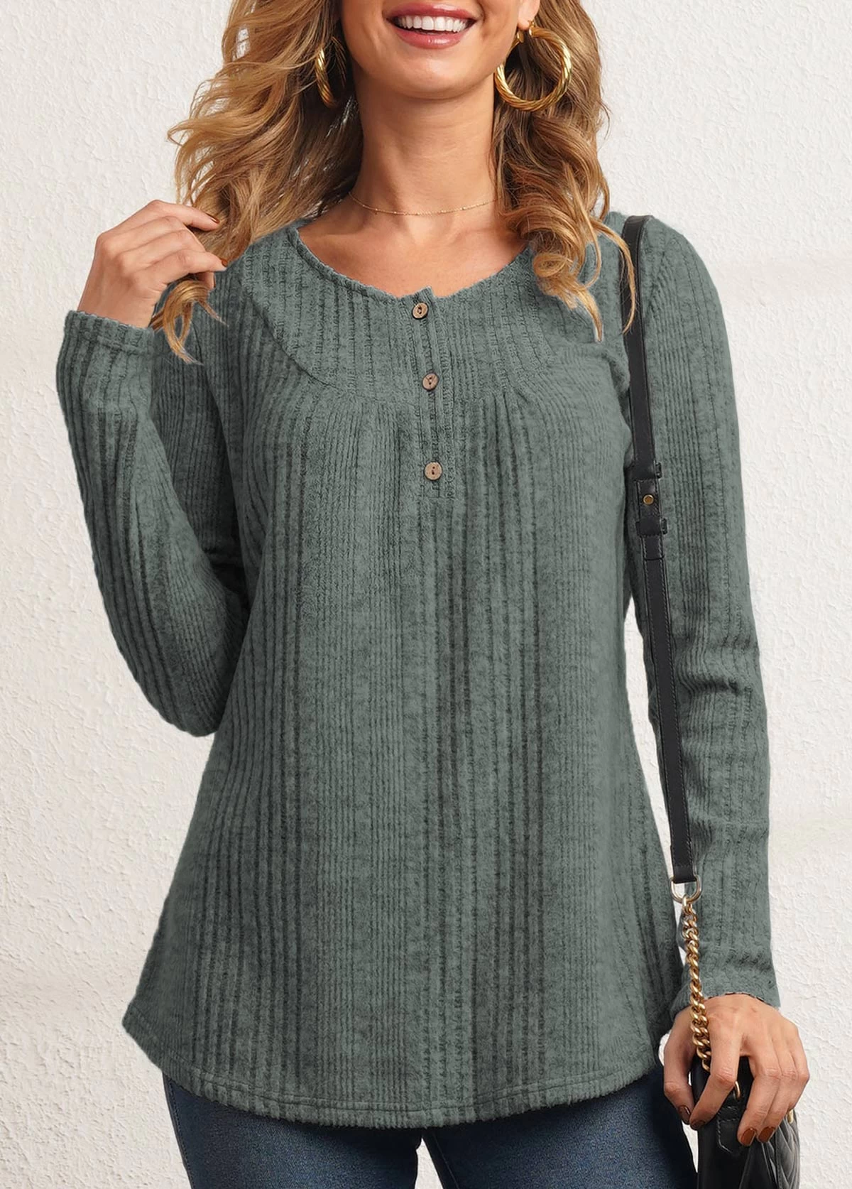 Sage Green Button Detail Textile Fabric T Shirt