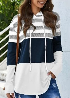 Drawstring Stripe Print Long Sleeve White Hoodie