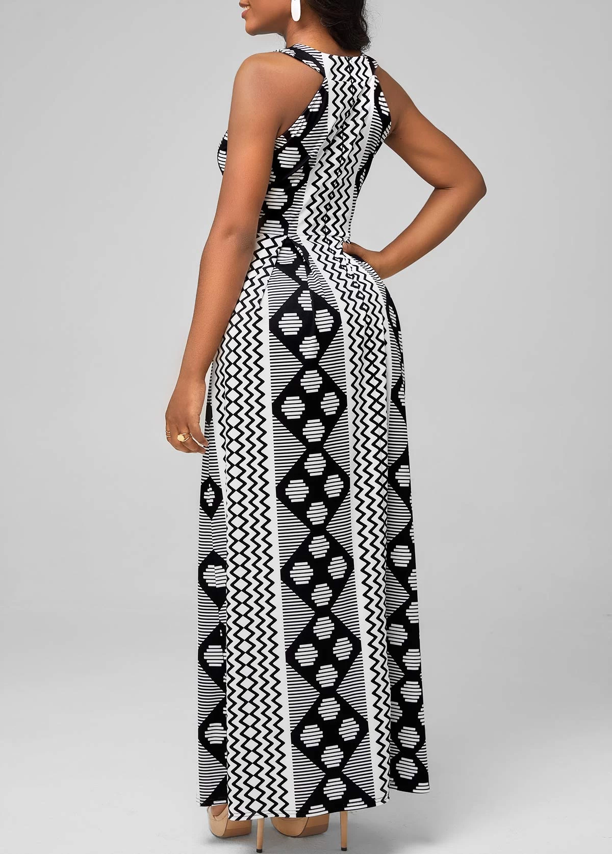 Geometric Print Black Bib Neck Dress - Image 2