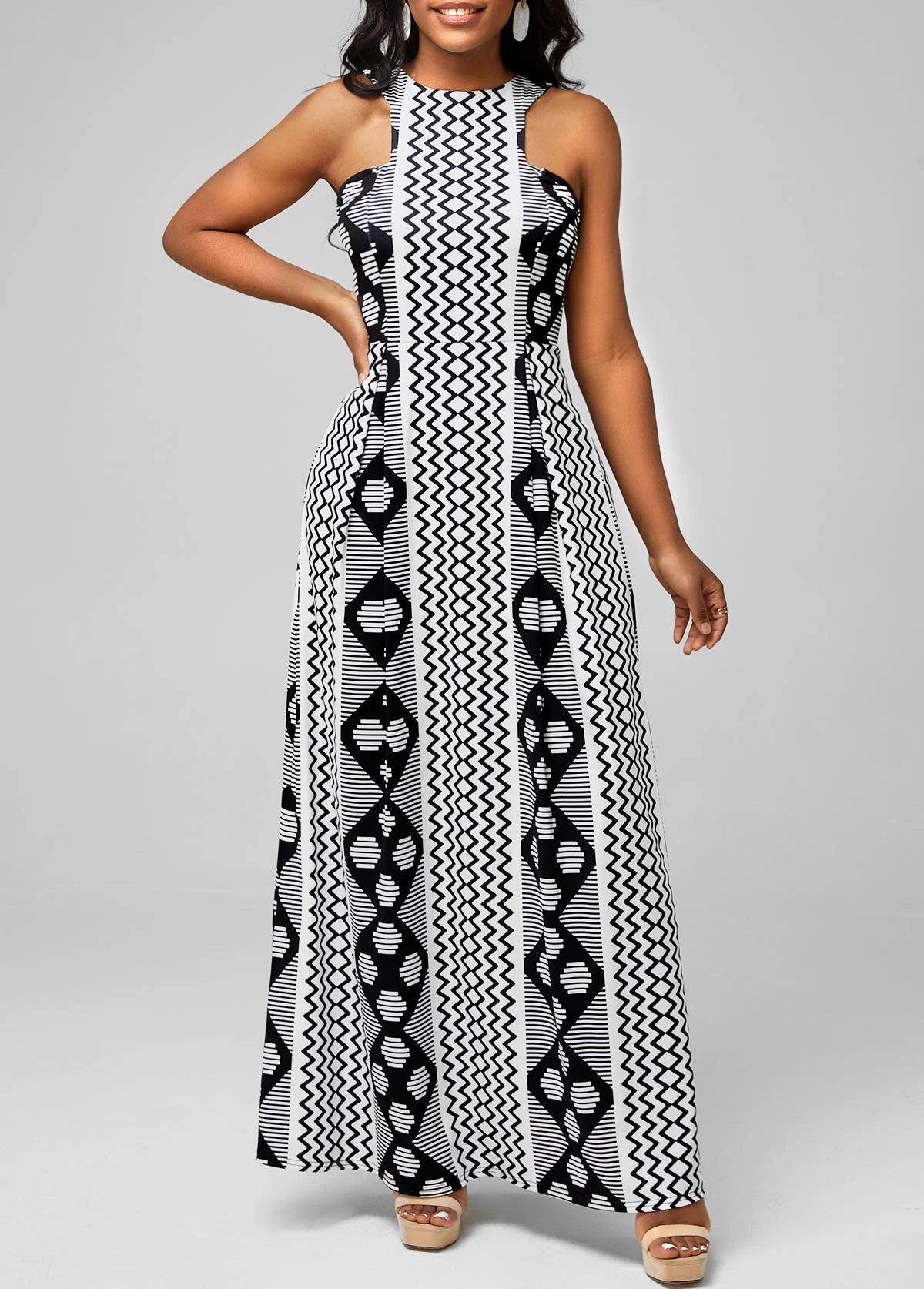 Geometric Print Black Bib Neck Dress - Image 4
