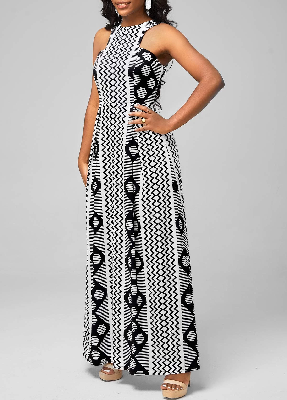Geometric Print Black Bib Neck Dress - Image 3