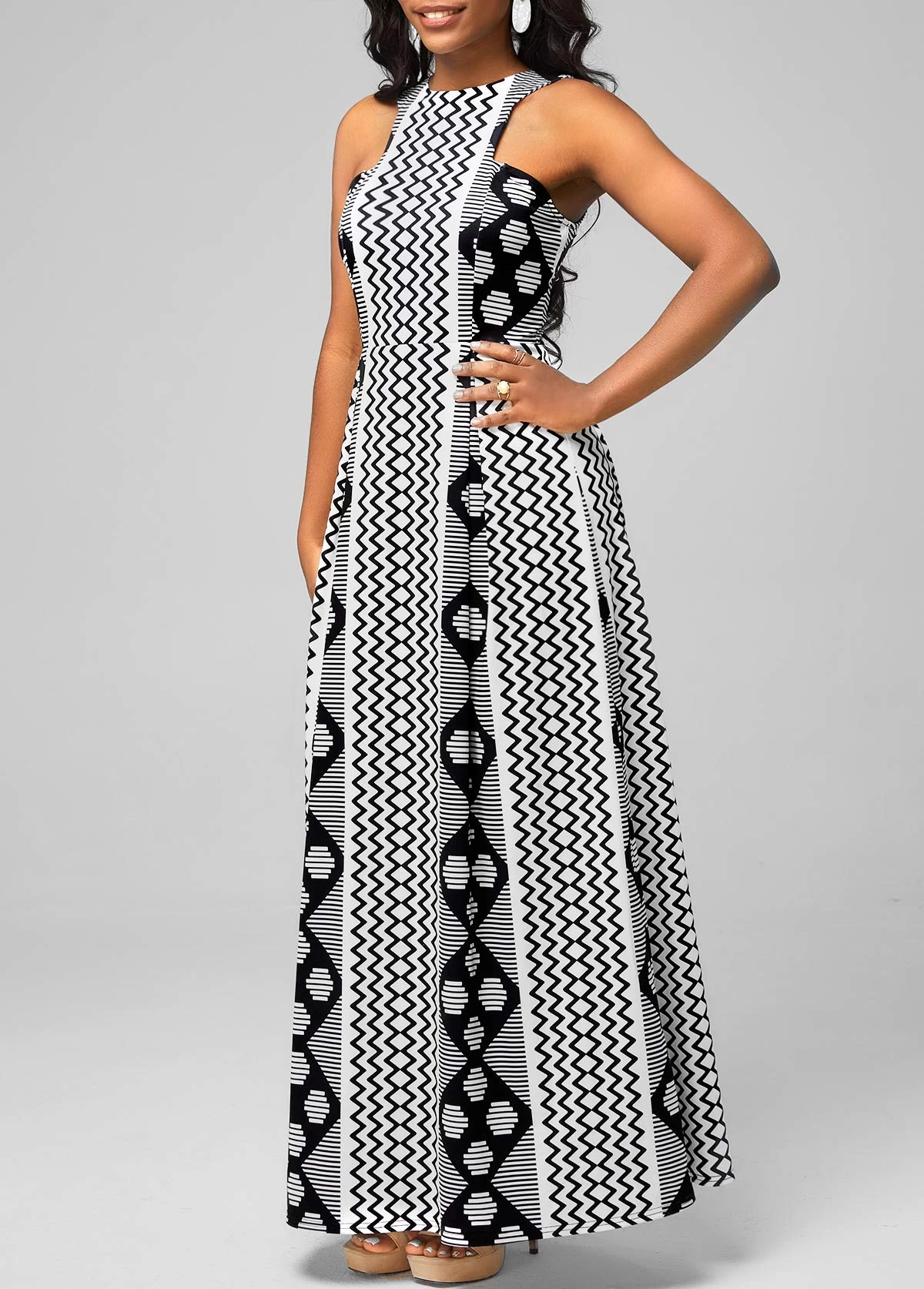 Geometric Print Black Bib Neck Dress - Image 5