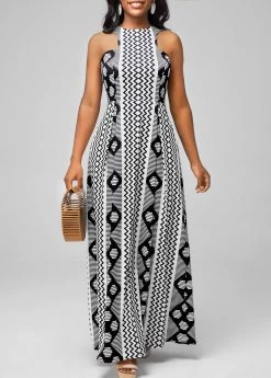 Geometric Print Black Bib Neck Dress