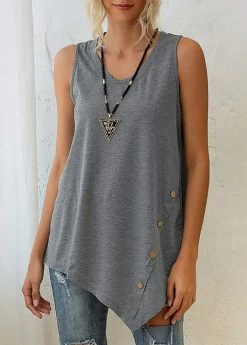 Grey Asymmetric Hem Decorative Button Tank Top