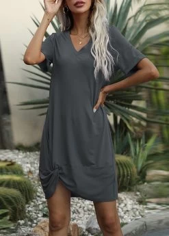 Brown V Neck Twist Front Dress