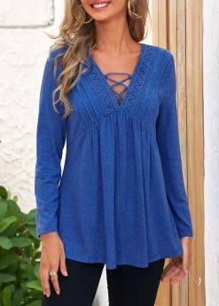 Royal Blue Lace Stitching Long Sleeve T Shirt