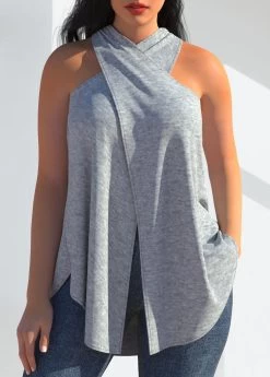 Cross Halter Grey Sleeveless Tank Top