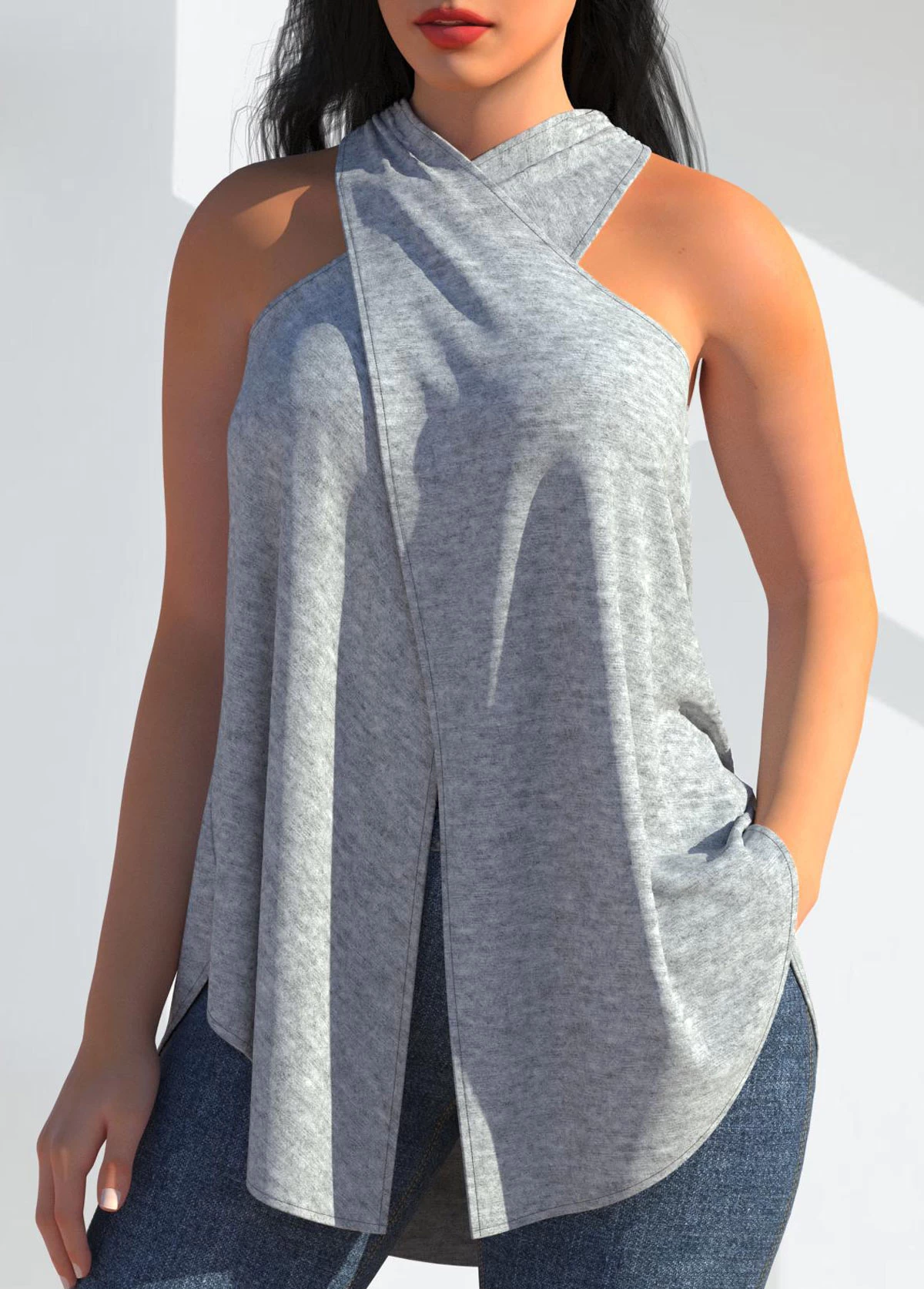 Cross Halter Grey Sleeveless Tank Top - Image 3