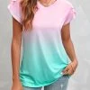 Pink Ombre Short Sleeve V Neck T Shirt