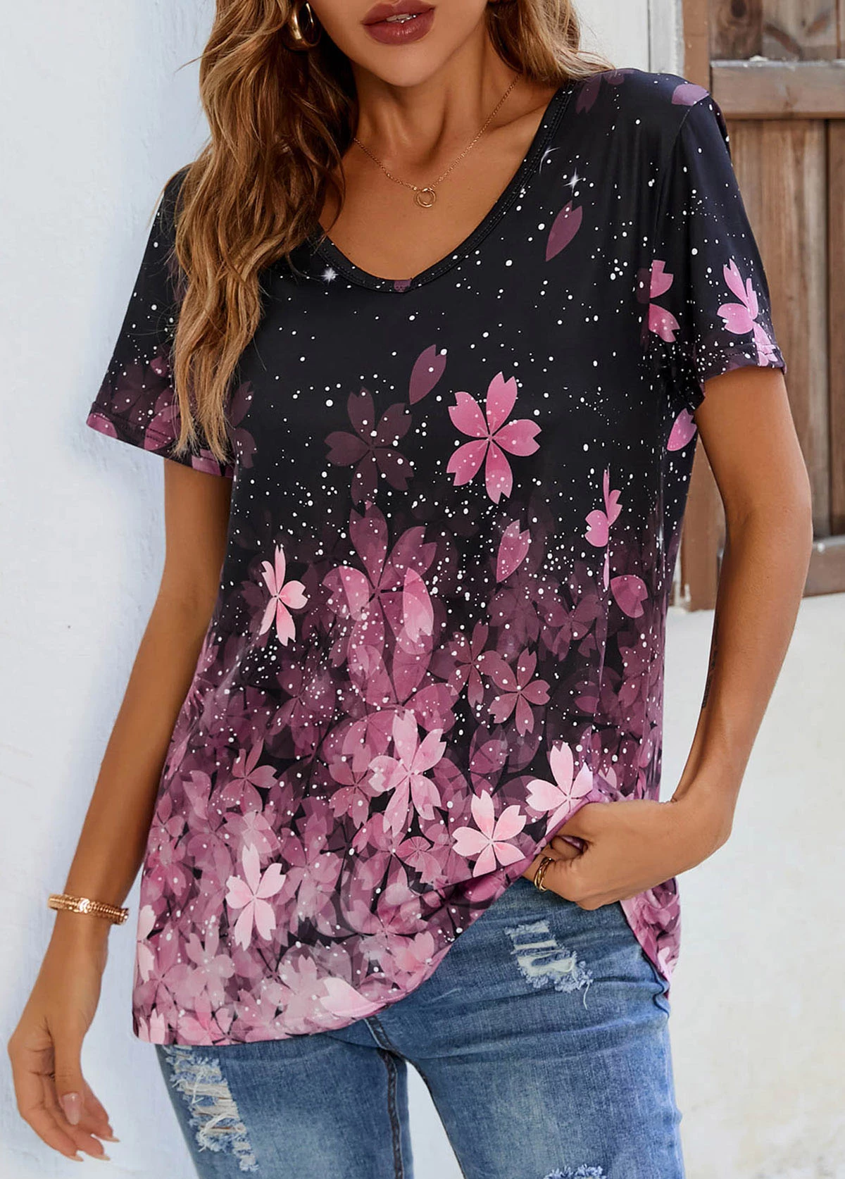 Floral Print Pink V Neck T Shirt - Image 3
