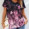 Floral Print Pink V Neck T Shirt