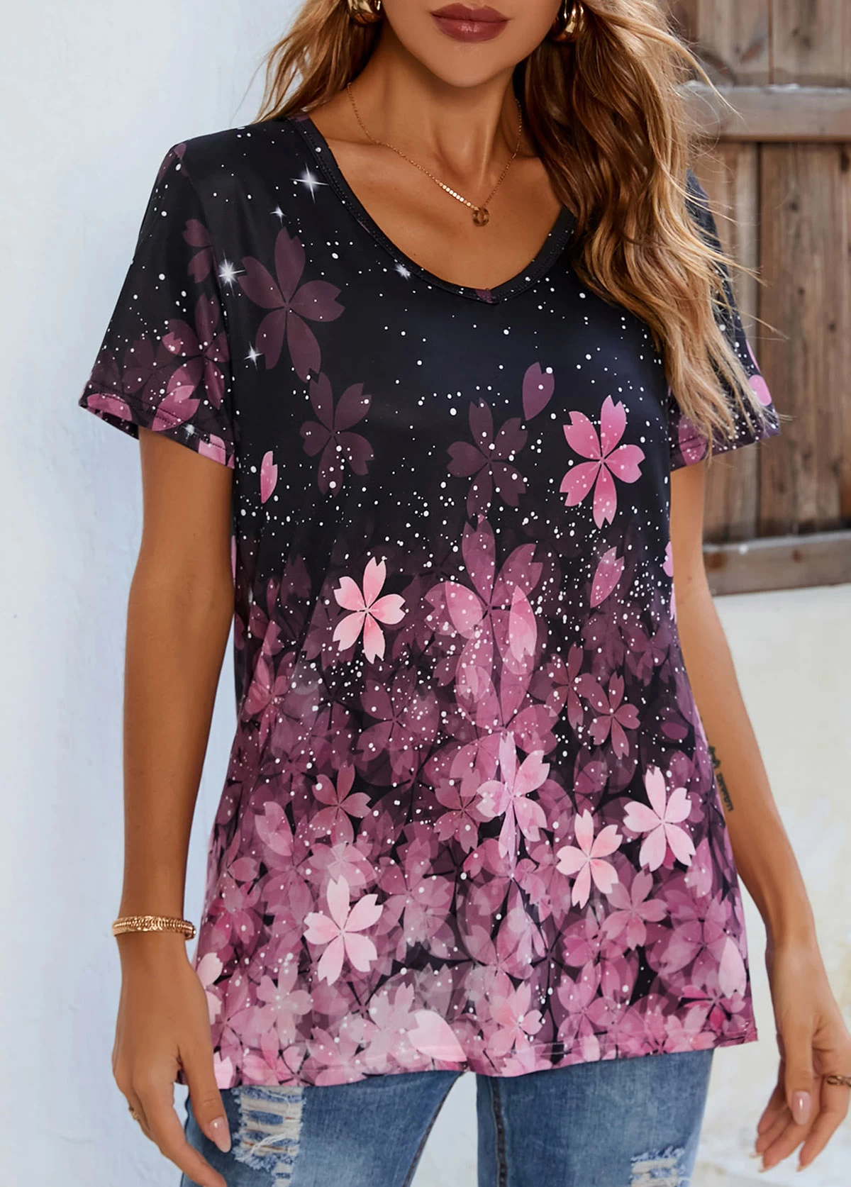 Floral Print Pink V Neck T Shirt - Image 4