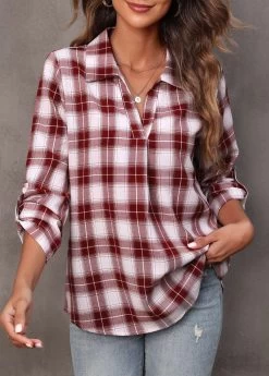 Wine Red Plaid Turndown Collar Blouse