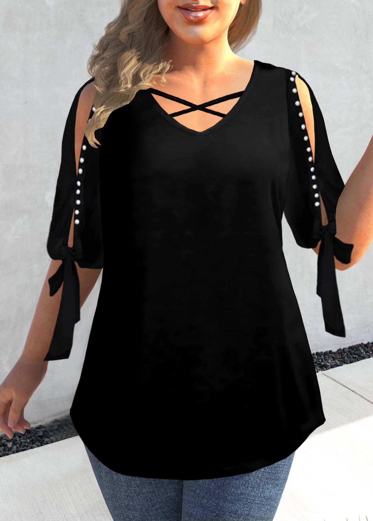 Pearl Design Cold Shoulder Black T Shirt - Image 4