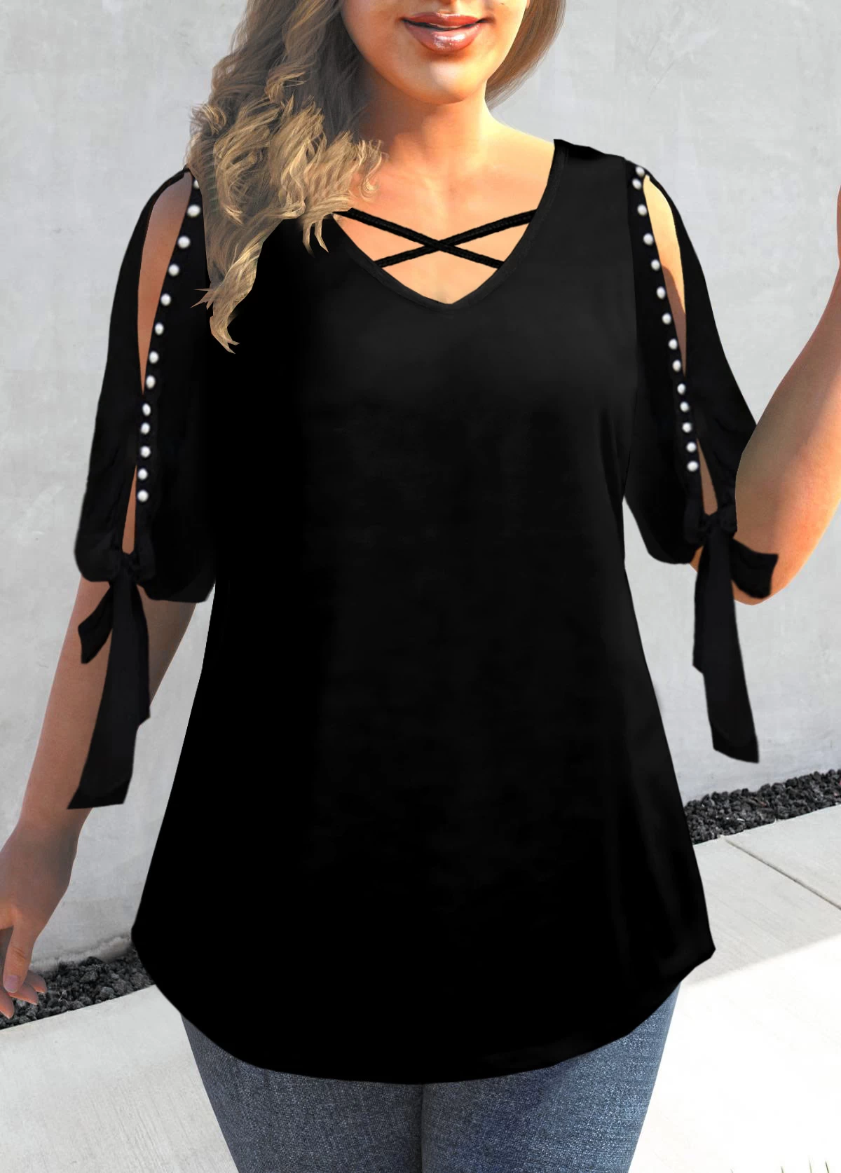 Pearl Design Cold Shoulder Black T Shirt - Image 6