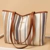 Stripe Print Brown Contrast Tote Bag