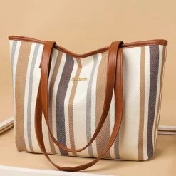 Stripe Print Brown Contrast Tote Bag
