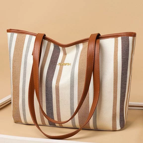 Stripe Print Brown Contrast Tote Bag