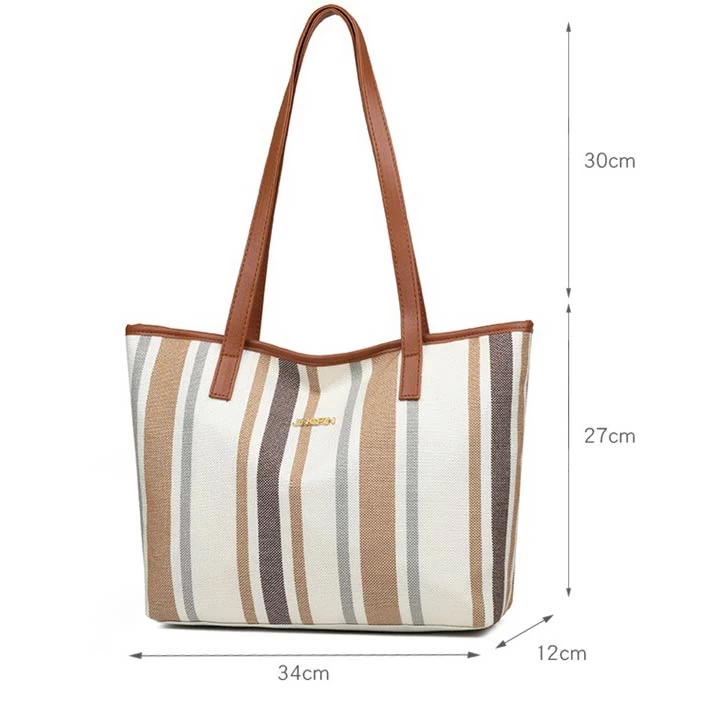 Stripe Print Brown Contrast Tote Bag - Image 4