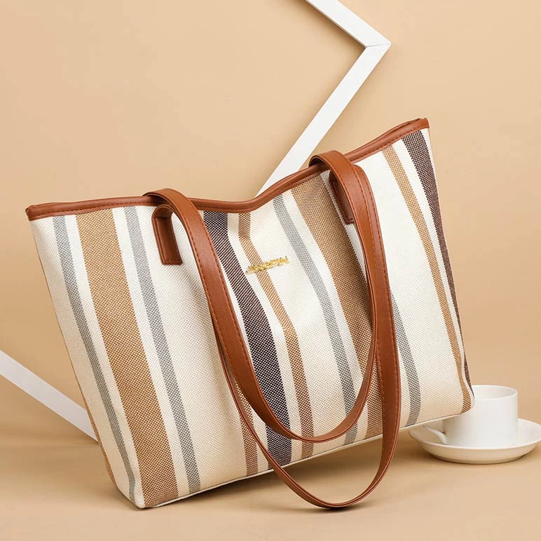 Stripe Print Brown Contrast Tote Bag - Image 2