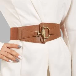 Dark Coffee Faux Leather Elastic Detail Belt