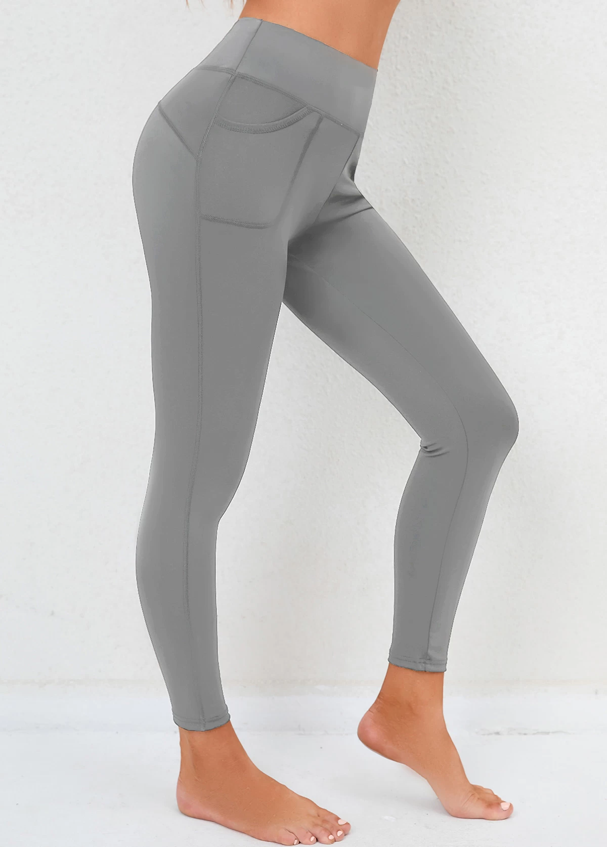 High Waisted Double Side Pockets Skinny Light Grey Leggings - Image 3