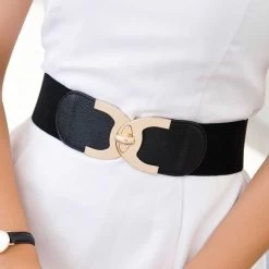 Wide Black Elastic Design Faux Leather Belt