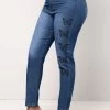 Denim Blue Double Side Pockets Butterfly Print Jeans