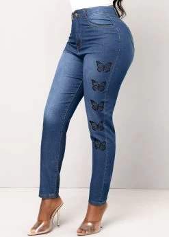 Denim Blue Double Side Pockets Butterfly Print Jeans