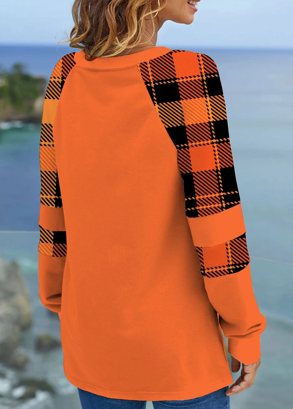 Orange Tartan Print Long Sleeve Halloween Sweatshirt - Image 2