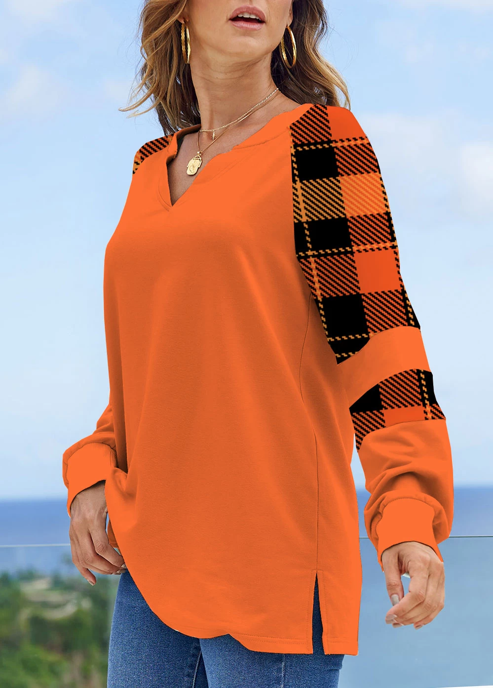 Orange Tartan Print Long Sleeve Halloween Sweatshirt - Image 3