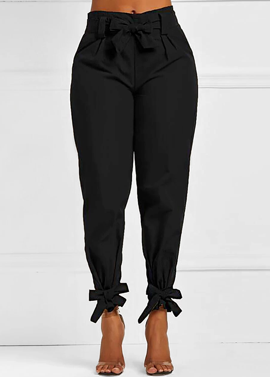 Black Belted Elastic Mid Waisted Pants - Image 2