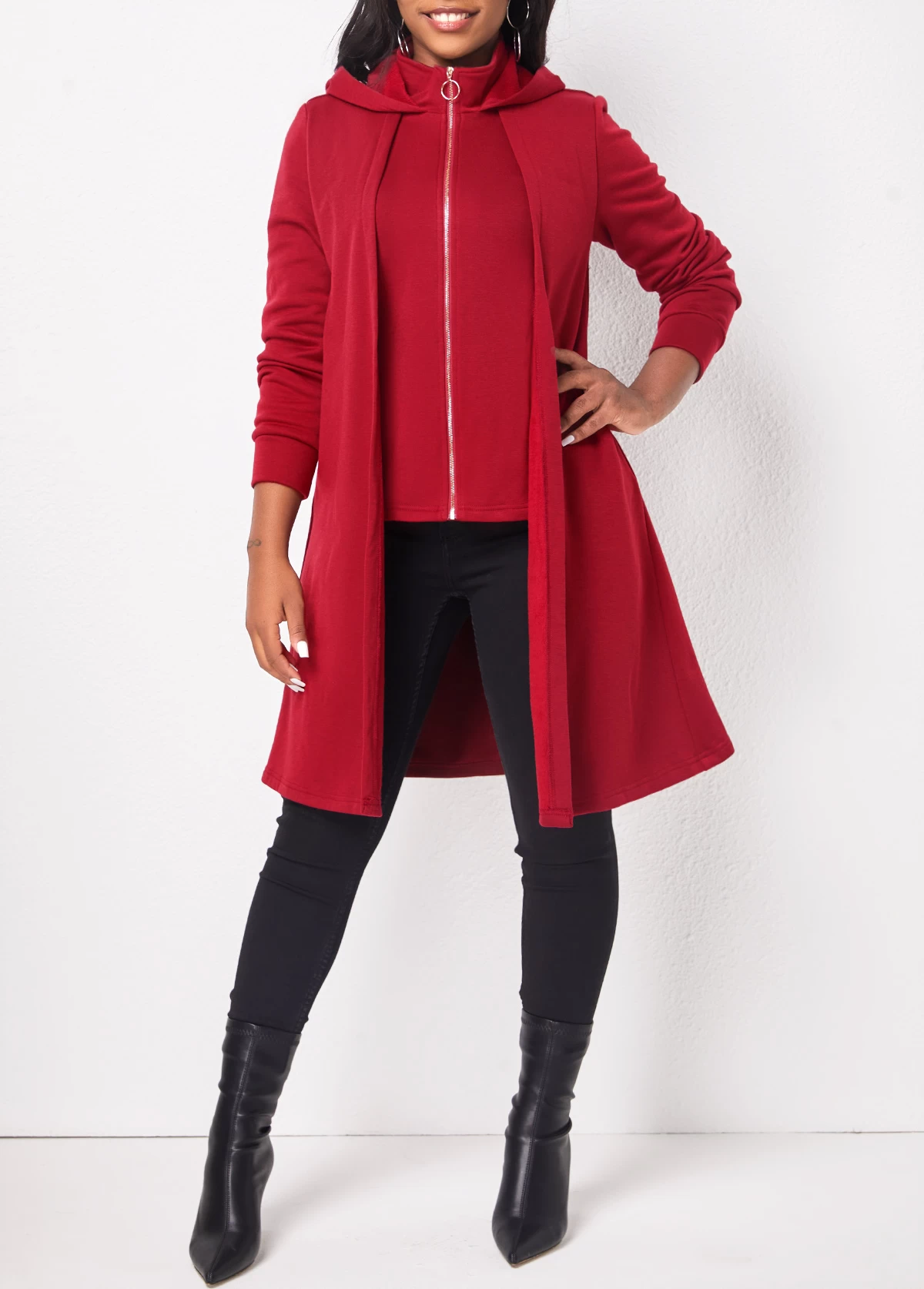 Deep Red Zipper Long Sleeve Hoodie - Image 5