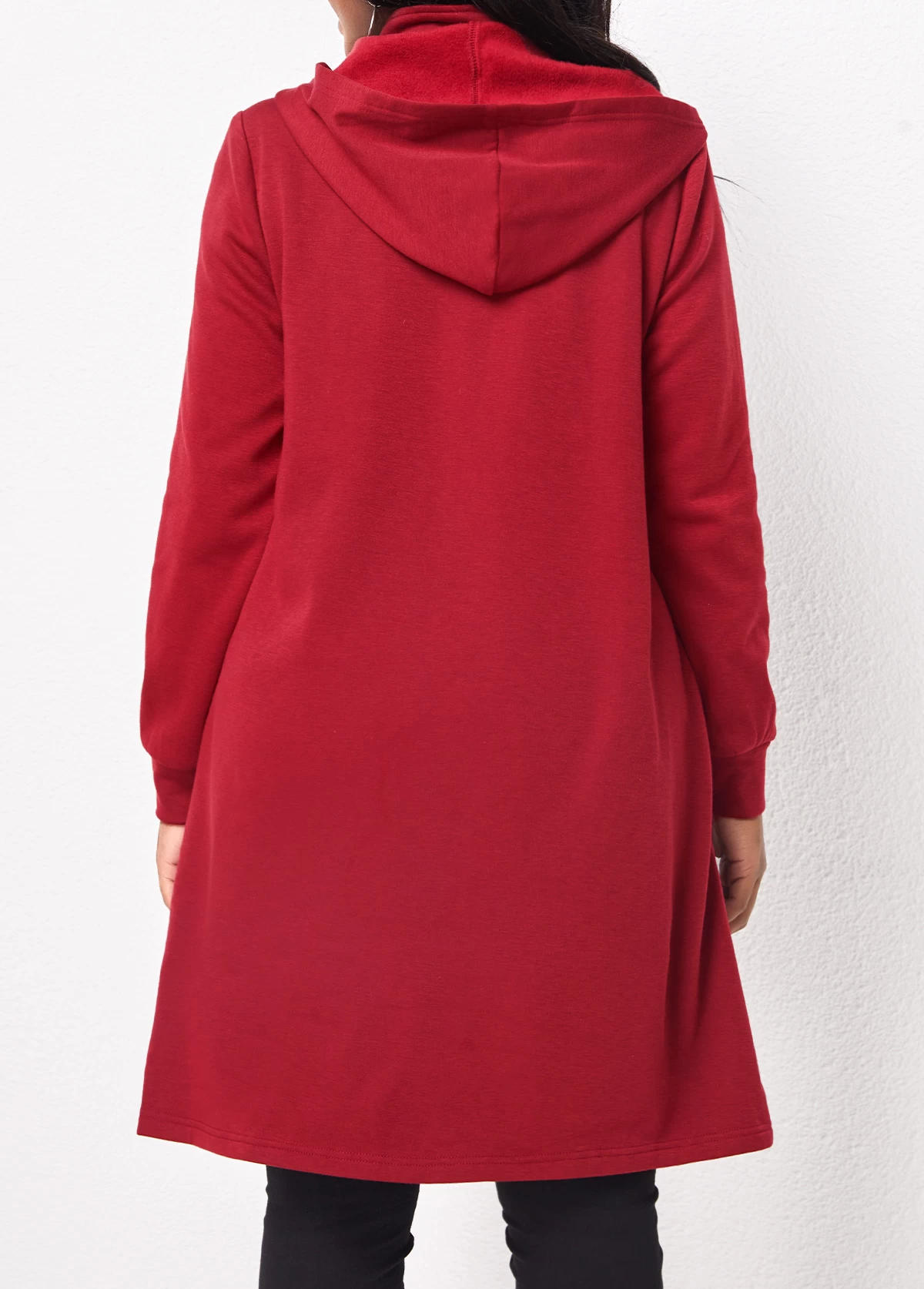 Deep Red Zipper Long Sleeve Hoodie - Image 2