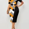 Geometric Print Round Neck Yellow Bodycon Dress