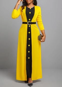 Button Dress And Yellow Long Sleeve Cardiga