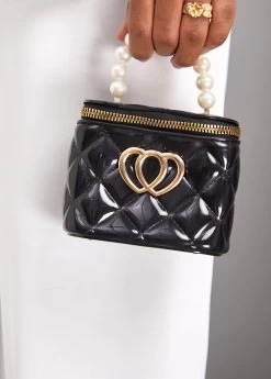 Black Zip Pearl Chains Shoulder Bag