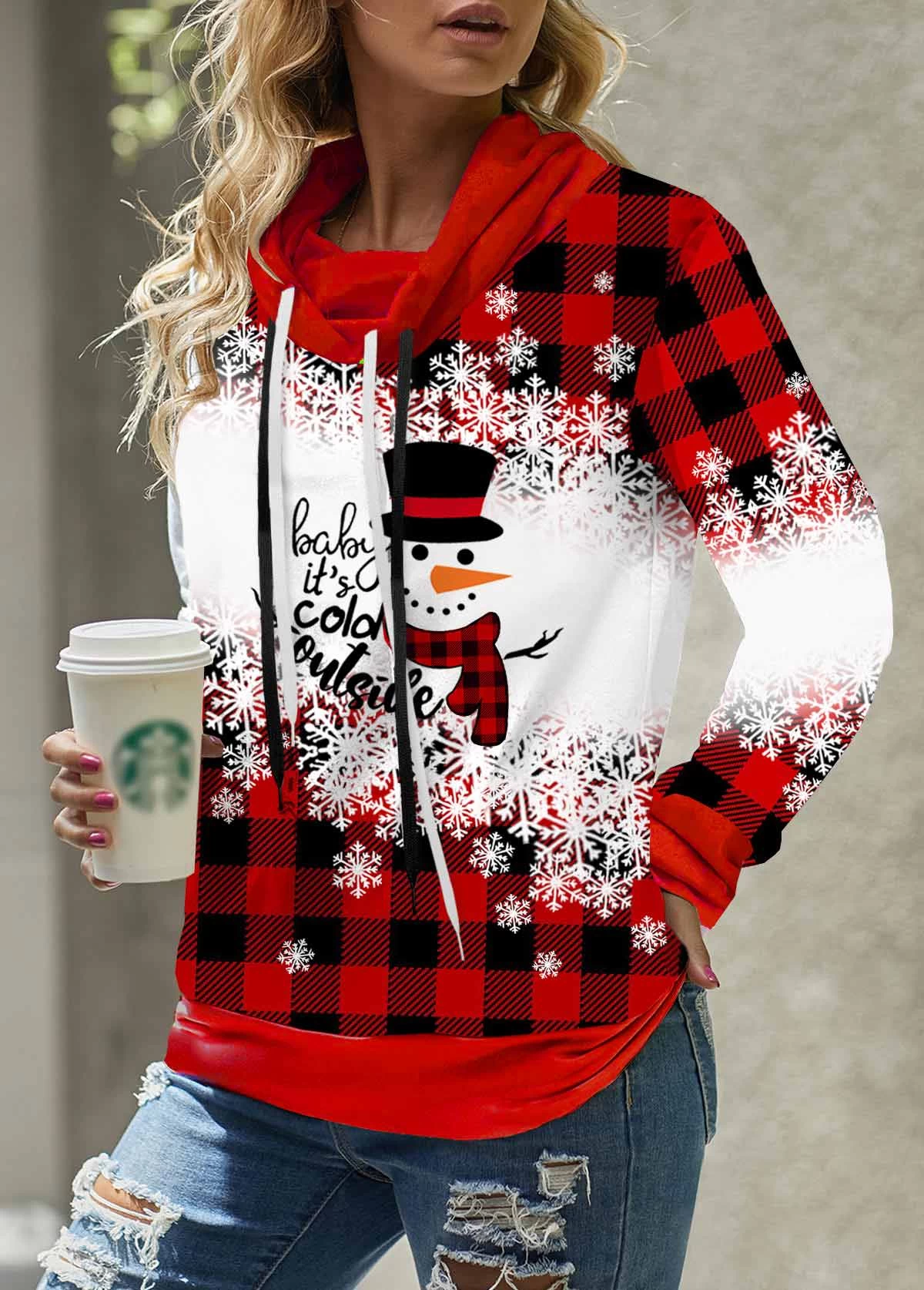 Drawstring Christmas Snowman Print Red Sweatshirt - Image 4